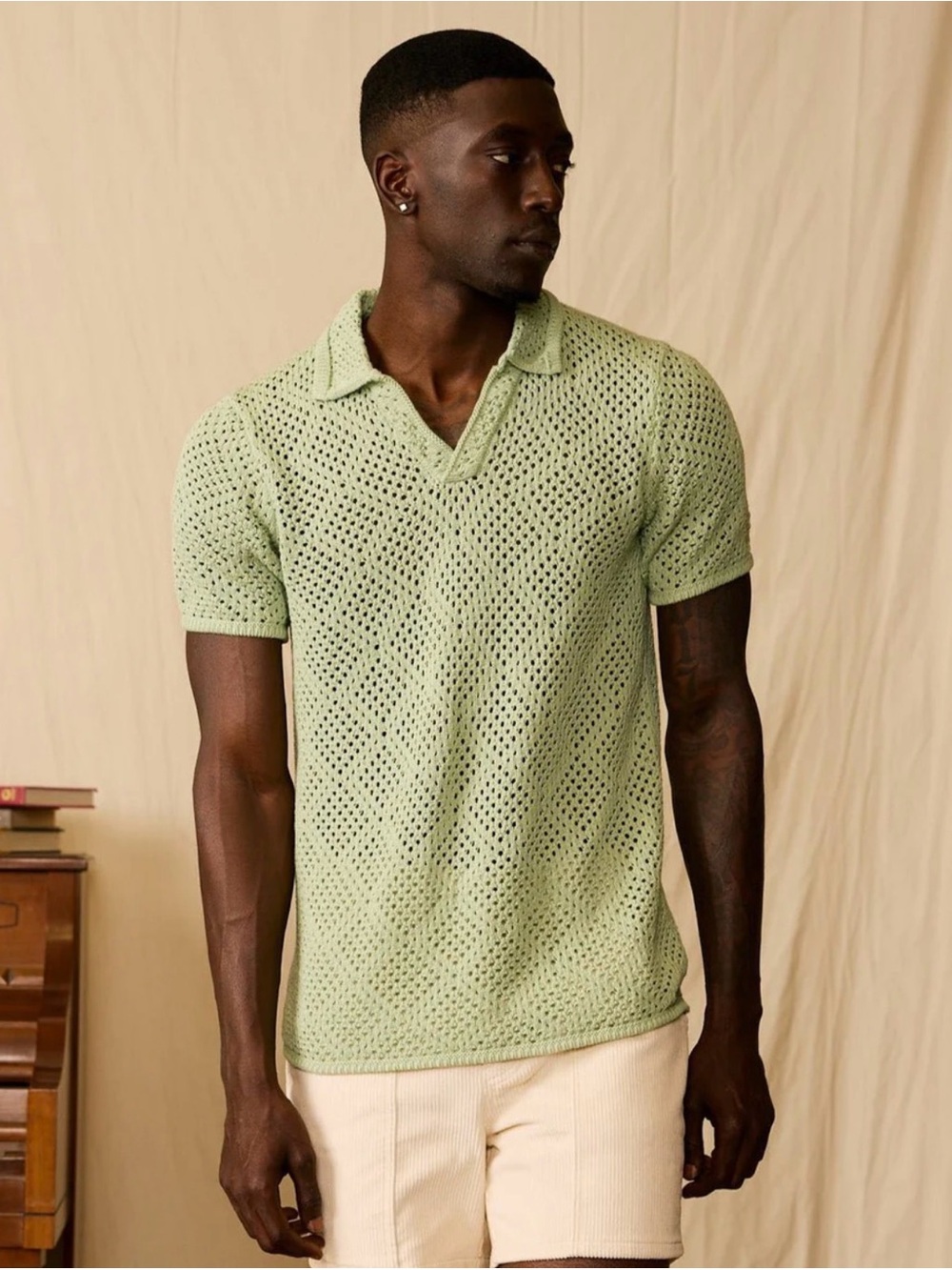 Dandy Del Mar Antibes Crochet Polo Shirt Pistachio Green Cotton Medium NWT